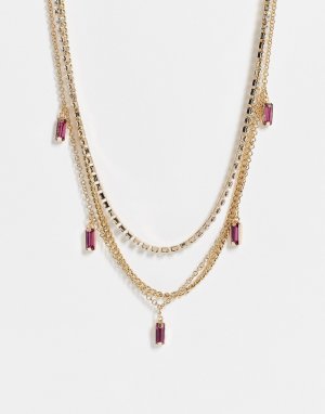 Золотистое ярусное ожерелье-чокер с розовыми кристаллами -Золотистый Topshop