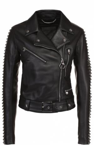 Кожаная куртка с косой молнией и металлизированной отделкой Philipp Plein. Цвет: черный