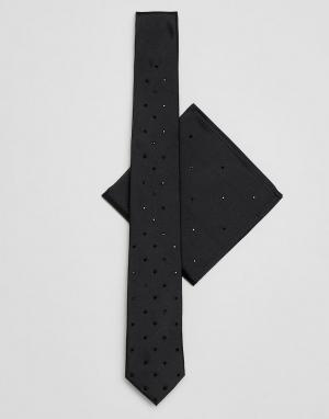 Галстук и платок для нагрудного кармана черного цвета Burton Menswear. Цвет: черный