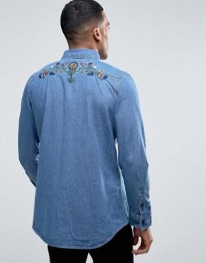 Джинсовая рубашка с вышивкой кактуса Liquor & Poker. Цвет: синий