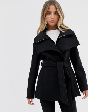 Черное пальто с запахом и завязкой -Черный Forever New