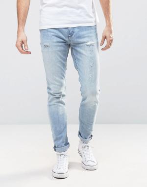 Синие выбеленные узкие джинсы с заплатками Thin Captain Rollas. Цвет: синий