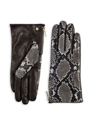 Кожаные перчатки со змеиным принтом , черный Bruno Magli