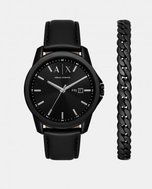 Комплект мужских черных кожаных часов и браслета AX7147SET, черный Armani Exchange