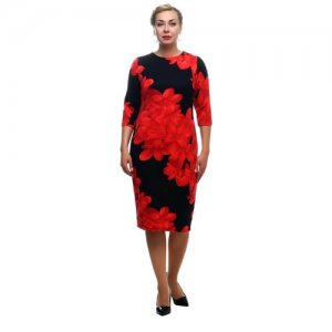 Платье повседневное офисное нарядное полуприталенное с крупным цветочным принтом 3/4 рукав plus size (большие размеры) OL/1805010/1-58 OLS. Цвет: красный