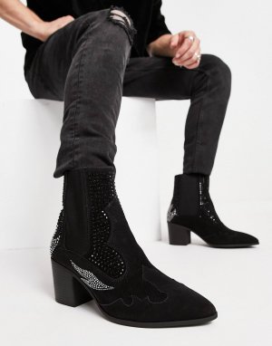 Ботинки челси из черной искусственной кожи со стразами в стиле вестерн ASOS DESIGN