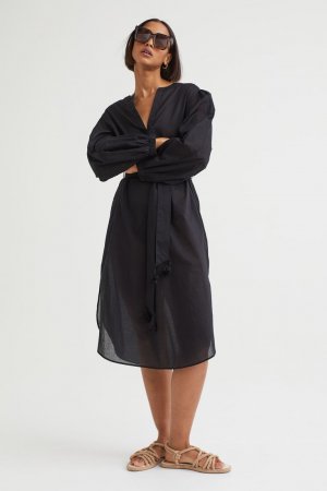 Платье с завязанным поясом , черный H&M