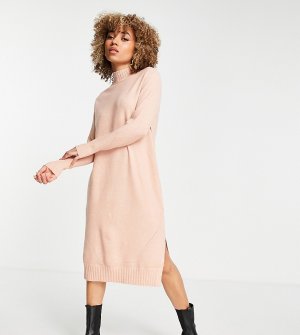 Трикотажное платье-джемпер миди пастельного оттенка с высоким воротником и отделкой в рубчик -Розовый цвет M Lounge
