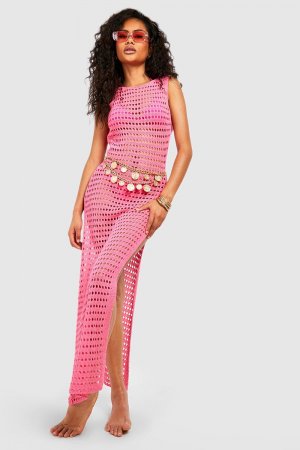 Вязаное крючком пляжное платье макси с низкой спинкой boohoo, розовый Boohoo