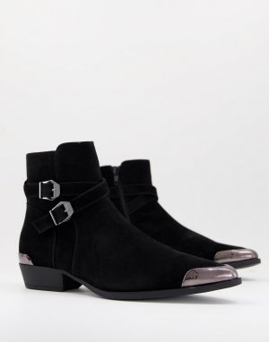 Черные ботинки челси из искусственной замши в стиле вестерн на прямом каблуке и с пряжкой -Черный цвет ASOS DESIGN