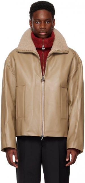 Утепленная кожаная куртка серо-коричневого цвета Wooyoungmi