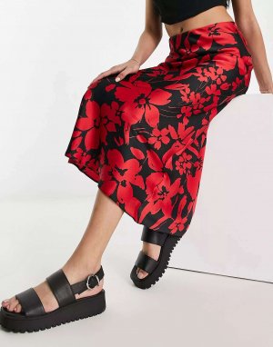 Красно-черная юбка миди с цветочным принтом New Look