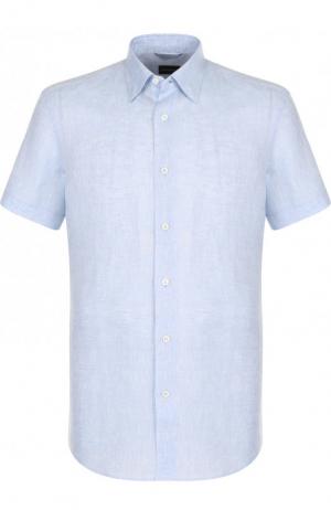 Льняная рубашка с короткими рукавами Ermenegildo Zegna. Цвет: голубой