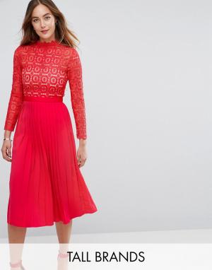 Платье миди с кружевным лифом и плиссированной юбкой -Красный Little Mistress Tall