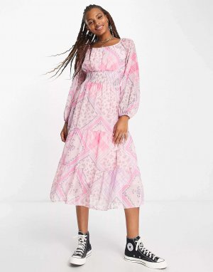 Розовое шифоновое платье миди с присборенной талией в стиле пэчворк Miss Selfridge