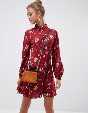 Короткое приталенное платье-рубашка с цветочным принтом -Красный Influence