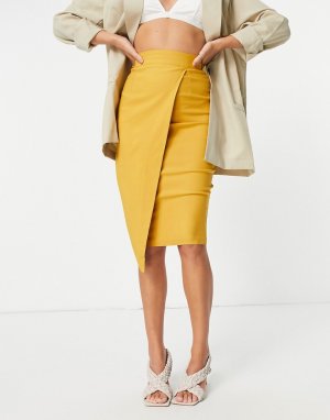 Золотисто-желтая асимметричная юбка миди с запахом -Желтый Vesper