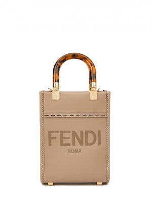 Женская кожаная сумка на плечо sunshine mini бежевого цвета с логотипом Fendi