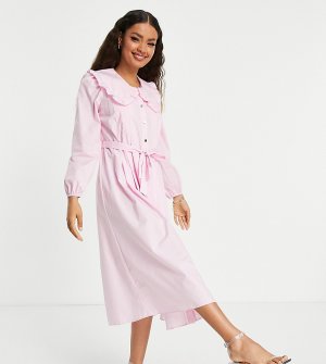 Розовое ярусное платье-рубашка миди с большим воротником -Розовый цвет River Island Petite