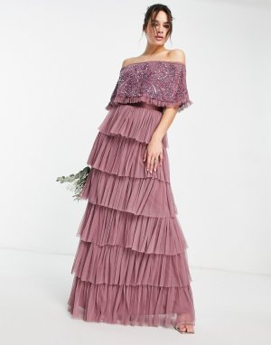 Розовато-лиловое платье макси с открытыми плечами, отделкой и ярусной юбкой из тюля Bridesmaid-Фиолетовый цвет Beauut