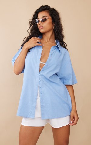 Бледно-синяя льняная рубашка большого размера с пуговицами и короткими рукавами карманами PrettyLittleThing