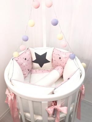 Комплект постельного белья в детскую кроватку Космический розовый, 18 предметов MARELE. Цвет: молочный, розовый