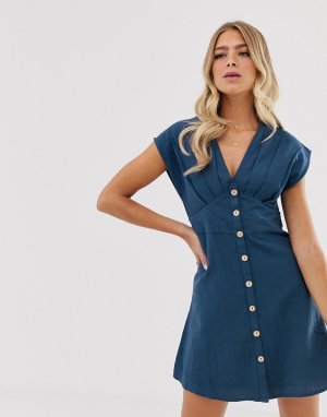 Tea dress with button front in blue Pimkie. Цвет: синий