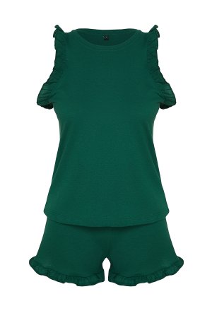 Изумрудно-зеленый вязаный пижамный комплект из 100% хлопка с оборками и детальной майкой-шортами Trendyol
