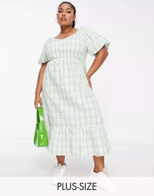 Зеленое платье миди с присборенными рукавами и пышными Curve New Look