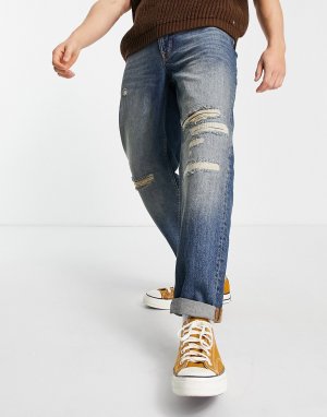 Свободные джинсы выбеленного оттенка с зеленым тонированием и рваными разрезами заплатками -Голубой Topman