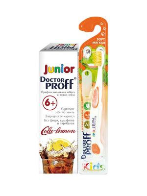 Зубная паста  Doctor Proff Junior Кола-Лимон 6+ 100г и щетка с золотом детская, комплект. Цвет: белый