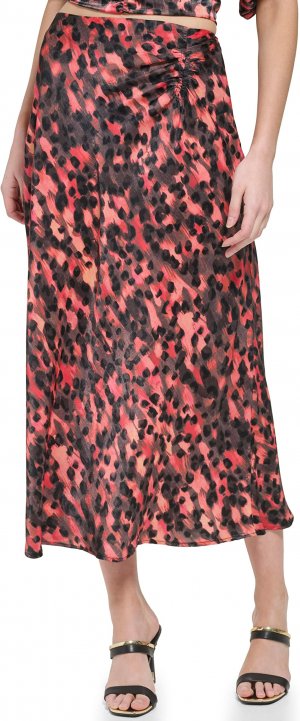Атласная юбка макси с принтом и рюшами , цвет Persimmon Multi DKNY