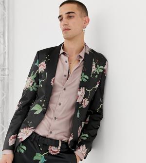 Сатиновый приталенный пиджак с цветочным принтом Heart & Dagger. Цвет: черный