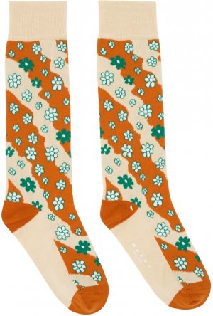 Бежевые и оранжевые носки в полоску с цветами Marni