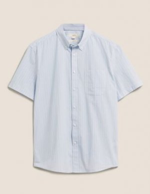Рубашка в полоску из чистого хлопка с коротким рукавом, Marks&Spencer Marks & Spencer. Цвет: синий