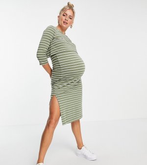 Зеленое платье-футболка для кормления в белую полоску из органического хлопка Mamalicious Maternity-Multi Mama.licious