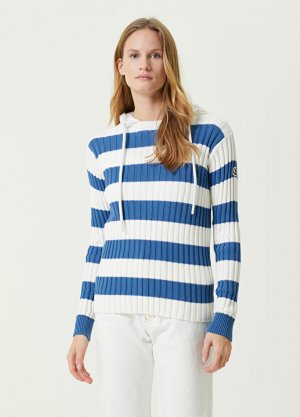 Сине-белый полосатый свитер с капюшоном Moncler. Цвет: белый