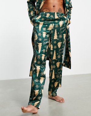 Атласные пижамные штаны с принтом новогодних елок -Разноцветный ASOS DESIGN