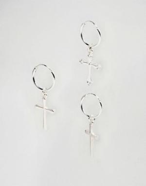 Серьги-кольца с крестиками Chained & Able. Цвет: серебряный