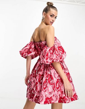 Розовое и красное жаккардовое мини-платье с пышными рукавами Forever Unique