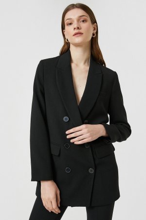 Женский двубортный пиджак с карманами и клапанами на пуговицах , черный Koton