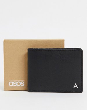 Черный кожаный бумажник с серебристым инициалом A -Черный цвет ASOS DESIGN