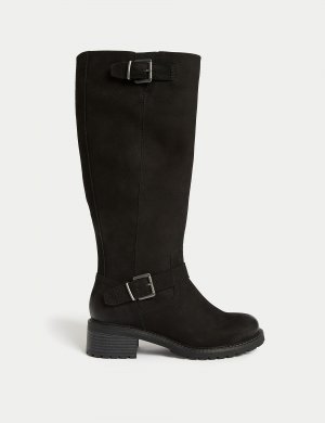Широкие кожаные сапоги до колена на блочном каблуке, черный Marks & Spencer