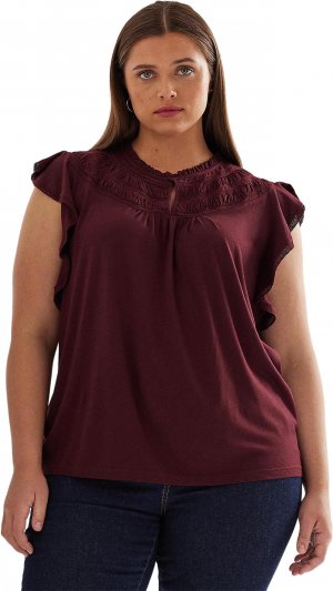 Блузка из джерси с кружевной отделкой и развевающимися рукавами больших размеров LAUREN Ralph Lauren, цвет Vintage Burgundy