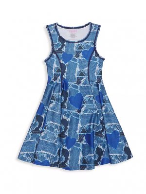Джинсовое платье с плиссированной юбкой в стиле пэчворк для маленькой девочки , цвет denim heart patchwork Terez