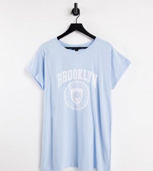 Светло-голубая футболка бойфренда с надписью Brooklyn New Look Curve-Голубой Plus