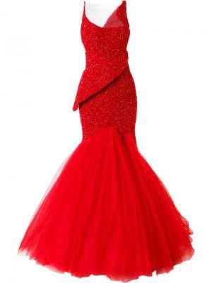 Длинное платье с асимметричным вырезом Mikael D.. Цвет: красный