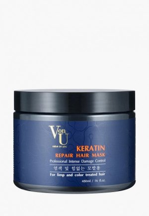 Маска для волос Von U восстанавливающая и питательная корейская / Кератин Keratin Repair Hair Mask 480 мл. Цвет: белый