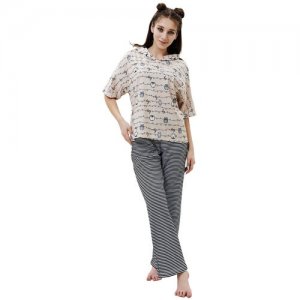 Пижама , брюки, футболка, короткий рукав, карманы, пояс на резинке, капюшон, размер 54, бежевый Натали. Цвет: бежевый