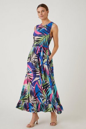 Многоярусное платье макси в тропическом стиле с поясом , мультиколор Wallis